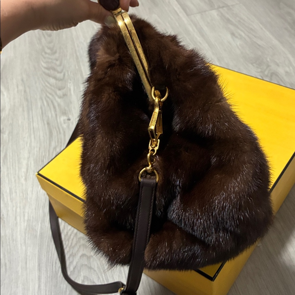 Miu Miu Brown Mink Fur Oversized Clutch with Gold Handle Accent & Brown Strap - Picture 14 of 14